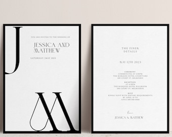 Black Wedding Invitation, Double sided Wedding Invite, Black and White Wedding Invitation, Minimalist Modern Editable template, W01