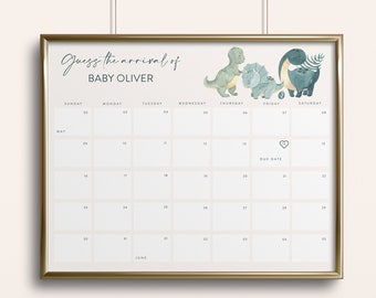 Calendrier de date d'échéance de dinosaure, jeu de date d'échéance de douche de bébé, signe de douche de bébé imprimable, jeu de devinettes de calendrier de date d'échéance, modèle modifiable