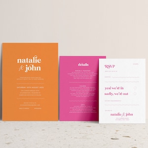 Modern Wedding Invitation Suite template, Hot Pink Invitation Modern, Bright Pink Orange Wedding Invitation, Instant Download