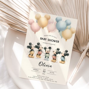 Mickey Mouse Baby Shower Invitation Gender Neutral Baby Shower Boy Invite Editable Vintage Disney Shower  Digital Download