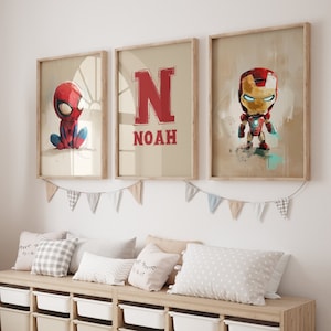 Personalized Superhero Wall Art Set of 7 Prints Custom Boys Room Decor Playroom Wall Art Nursery Marvel Posters Printable Digital Download