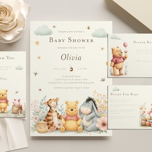 Pacchetto invito Winnie the Pooh Baby Shower / Download digitale / Invito modificabile, lotteria pannolini, Grazie, Libri per bambini