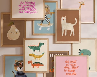 Bunte Kinderzimmer Wand Kunst 200er Set | Eklektisches Kinderzimmer Tierdrucke Geschlechtsneutral | Inspirierende Zitate | Klassenzimmer Dekor DIGITAL
