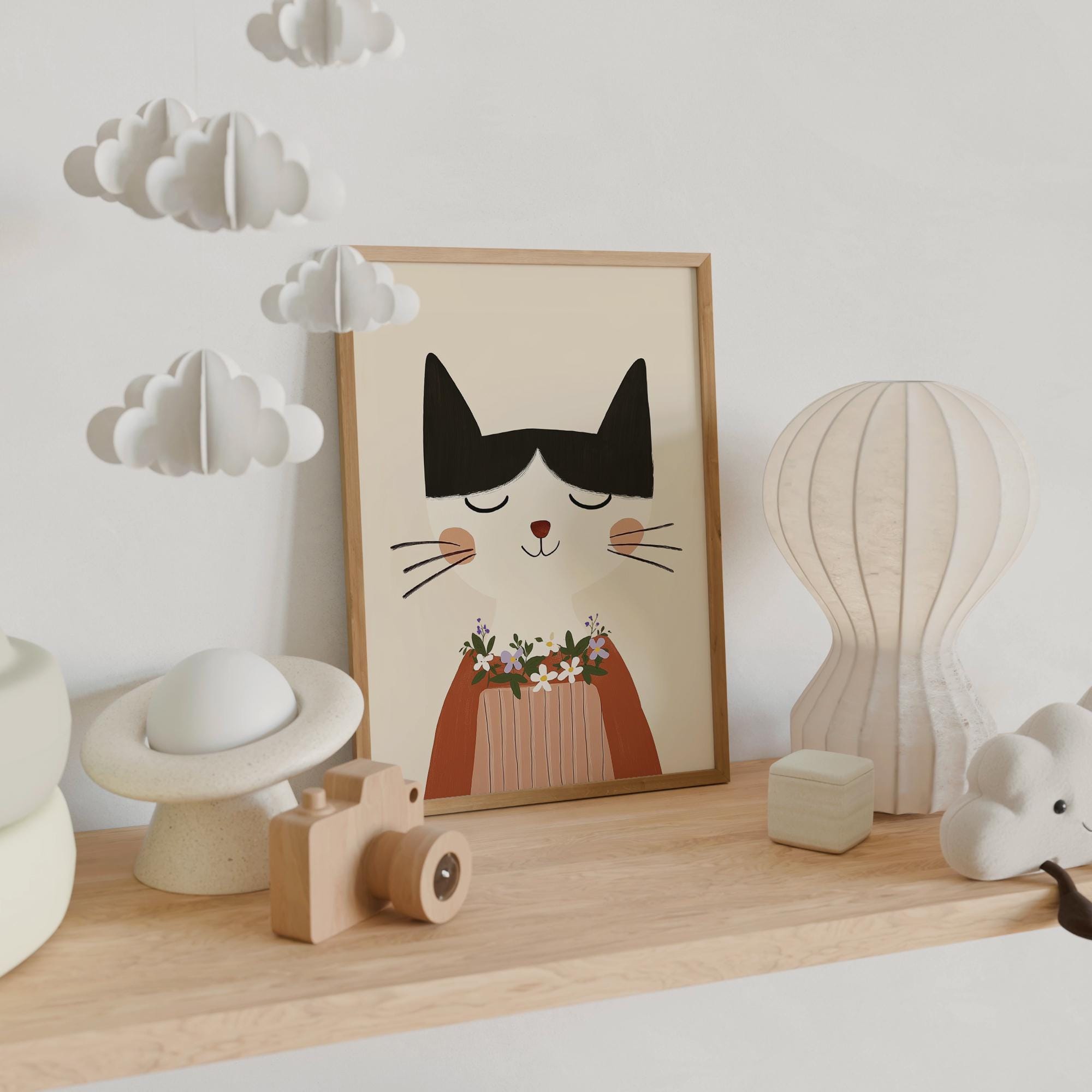 Floral Cat Wall Art | Modern Nursery Print | Kids Room Digital Download | Sweet Animal Decor