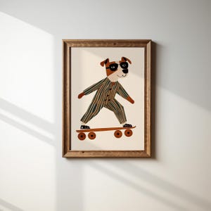 Lámina artística de perro en patineta, decoración de animales para guardería, póster para habitación de niños, arte de pared para sala de juegos, regalo para amantes de los perros, imprimible para habitación infantil