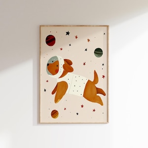 Space Dog Wall Art, Astronaut Puppy Print, Kids Room Decor, Modern Nursery Digital Download, Space Theme Print, Playroom Decor