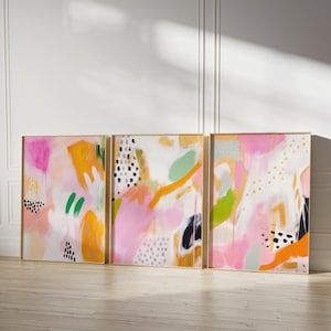 Modern Abstract Triptych | Pink Wall Art Set of 3 | Printable Eclectic Decor | Digital Download Art Prints | Nursery Living Room Bedroom