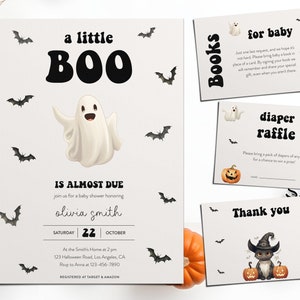 Uroczy zestaw zaproszeń na baby shower w kształcie ducha | Książki z loterii pieluch dla dziecka z podziękowaniem | Edytowalne zaproszenie na baby shower Little Boo