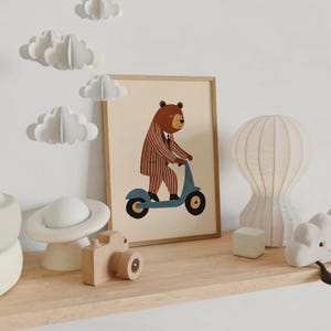 Scooter Bear Wall Art, Nursery Animal Print, Kids Room Decor, Bear on Scooter Poster, Cream Nursery Art, Playroom Wall Art, Digital Download