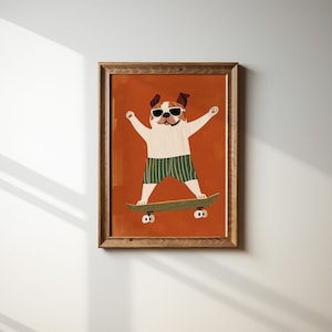 Stampa murale con bulldog, stampa di animali per bambini, decorazioni per la cameretta dei bambini, poster per la cameretta dei ragazzi, stampabile per la sala giochi, arte con skateboard, regalo per gli amanti dei cani