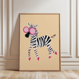 Funky Zebra Wandkunst, wunderliche Tierdruck, Kinderzimmer Poster, Kinderzimmer Dekor, lustige Safari Illustration, spielerische digitale Kunst