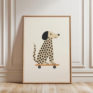 Stampa di un dalmata che fa skateboard, stampa murale di cani, poster di animali sportivi, stampa di cuccioli, decorazione per la cameretta dei bambini, stampa moderna per la cameretta dei bambini, download digitale
