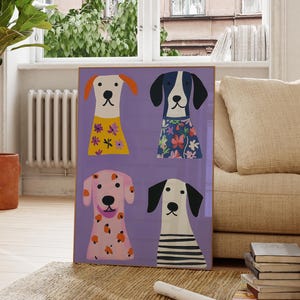 Playful Dogs Nursery Art Print, Purple Kids Room Wall Decor, Colorful Puppy Print Digital Download, Modern Children&#39;s Bedroom Art