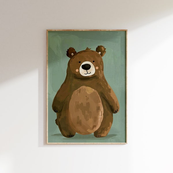 Woodland Theme Nursery Wall Art, Cute Bear Print, Animal Kids Room Decor, Forest Animals, Sage Green Adorable Children's Room Art