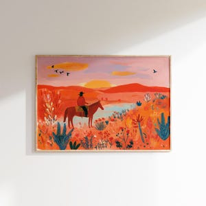 Desert Sunset Horse Rider Print, Western Sunset Art, Orange Desert Digital Download, Southwestern Landscape Decor, Instant Download