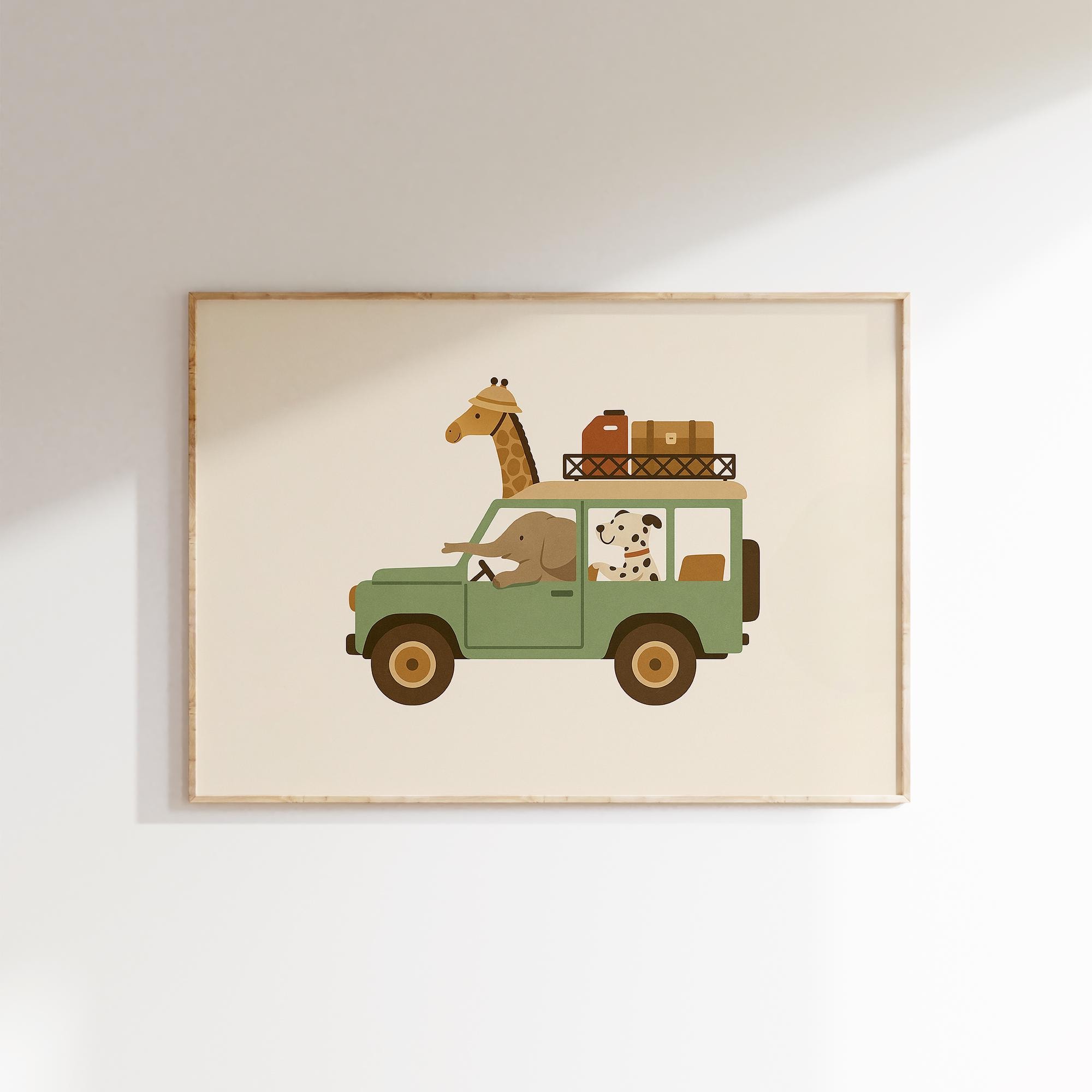 Safari Road Trip Print | Kids Wall Art | Animal Adventure Nursery Decor | Digital Download | Giraffe Elephant Dog | Safari Theme