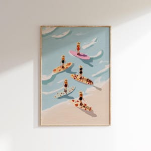 Beach Surfer Girl Art Print, Digital Download Wall Art, Modern Coastal Decor, Boho Surfer Poster, Summer Surfboard Illustration, Ocean Art