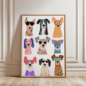 Funny Dog Wall Art Print, Cool Dogs with Sunglasses Digital Download, Pet Portrait Poster, Modern Nursery Kids Room Animal Decor