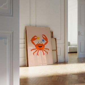 Vrolijke oranje krab met sterrenprint - leuke kinderkamerkunst - kleurrijke speelkamer muurdecoratie - eclectisch decor - afdrukbare poster