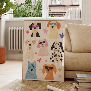 Whimsical Dog Wall Art, Nursery Animal Print, Playful Puppy Illustration, Kids Room Decor, Cute Dog Poster, Pet Lover Gift, Colorful Dogs