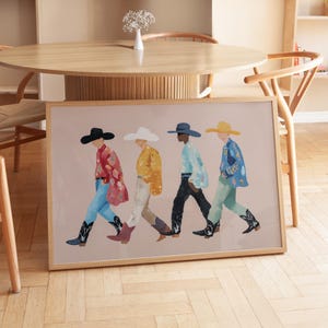 Kleurrijke cowboymuurkunst, retro rodeoprint, poster moderne westerse stijl, digitaal landdecor, mode-illustratie, trendy muurkunst