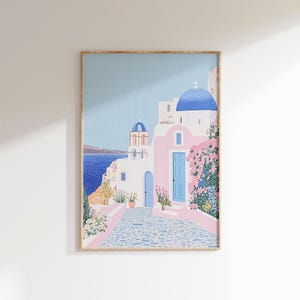 Santorini Wall Art, Blue Dome Greece Print, Whitewashed Building Art, Mediterranean Decor, Greek Island Print, Coastal Travel Art