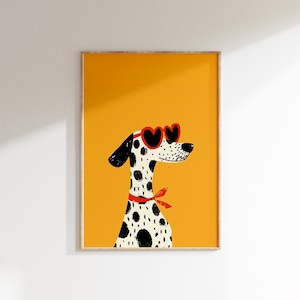 Dalmatian with Red Heart Glasses Print, Fun Kid's Room Decor, Bold Color Eclectic Print, Playroom Poster Dog Print