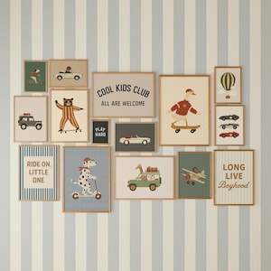 Arte mural de transporte retro, decoración para habitación de niño, láminas de coches geniales, pósteres vintage de scooter, camión, avión, set imprimible para habitación infantil.