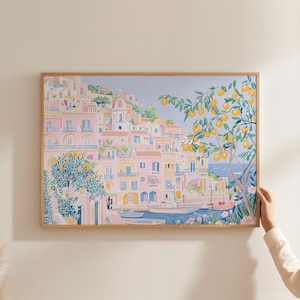 Impresión de arte mural de la costa de Amalfi, descarga digital de limonero italiano, póster de pueblo mediterráneo, impresión de decoración para el hogar de la costa rosa