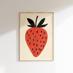 Erdbeere Wandkunst | Küche Obst Druck | Digitaler Download | Kinderzimmer Illustration | Kinderzimmer Dekor | Minimalistische Moderne Kunst | Druckbar