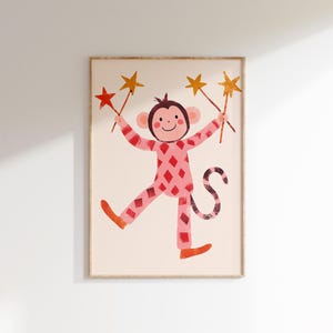 Arte de pared de monos, decoración de habitación infantil, impresión de animales para guardería, impresión con temática de circo, póster para habitación de niños, imprimible para sala de juegos, arte de animales lindos