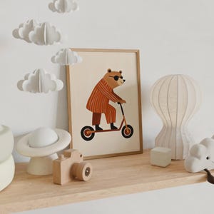 Scooter Bear Wall Art, Kids Room Decor, Nursery Animal Print, Bear on Scooter Poster, Striped Bear Art, Digital Download