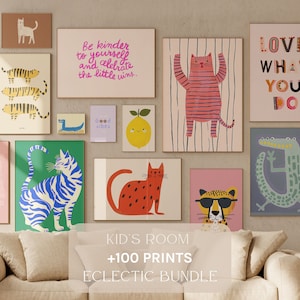 Paquete de 100 impresiones eclécticas de guardería / Animales coloridos, frutas y citas inspiradoras / Decoración del aula de la habitación para niños / Descarga digital
