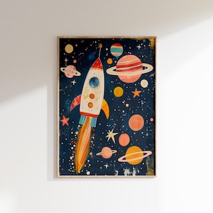 Stampa di razzo spaziale, decorazione per cameretta per bambini blu, decorazione per cameretta a tema spaziale, arte murale per cameretta, download digitale, poster dello spazio