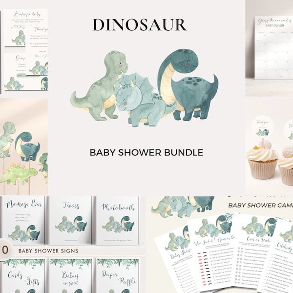 Paquete de baby shower de dinosaurios - Baby Shower para niños - Decoración de fiesta de cumpleaños de dinosaurios - Favores de baby shower - Invitación editable a baby shower