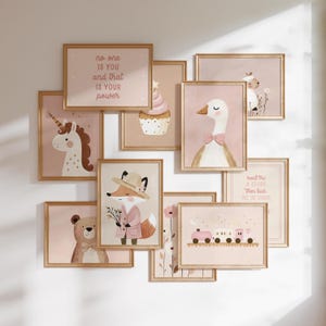 Conjunto de arte de pared para habitación de niña, más de 100 estampados rosas, decoración bohemia para habitación de niña, arte de pared para dormitorio de bebé niña, estampados de animales, citas inspiradoras