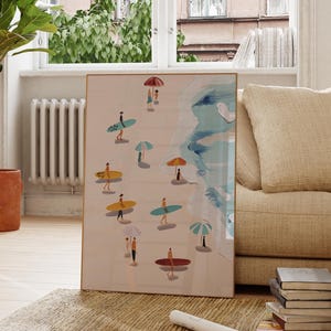 Beach Surfer Print, Surfboard Wall Art, Coastal Summer Poster, Surfer Girl Decor, Aesthetic Digital Beach Scene for Room, Maximalist Decor