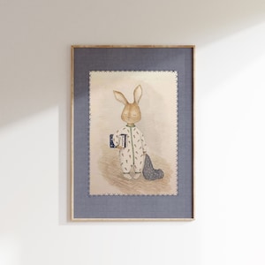 Cute Bunny Nursery Print, Boy&#39;s Room Decor, Vintage Nursery Prints, Bedtime Story Digital Download, Printable Nursery Wall Art