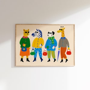 Animal Friends Fashion Print, Colorful Nursery Wall Art, Safari Animal Illustration, Kids Room Decor, Digital Download