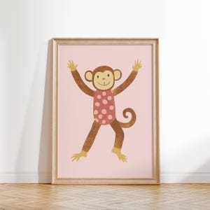 Happy Monkey Wall Art, Pink Girls Room Decor, Nursery Print, Playroom Poster, Playful Monkey, Kids Room Decor, Whimsical Animal Art
