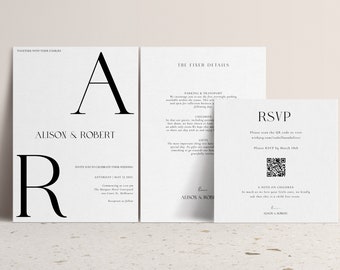 Black Wedding Invitation Template with RSVP , Minimalist Wedding Invite, Black and White Wedding Invitation Set, Editable Template Wedding
