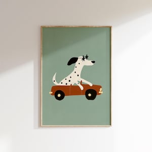 Dalmatiër rijden muurkunst, kinderkamer poster, kinderkamer print, grillige hond kunst, digitale auto illustratie
