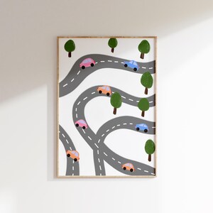Muurkunst autowegenkaart | Transportafdruk digitale download | Kinderkamer Speelkamerdecoratie | Kleurrijke voertuigillustratie | Kinderkamerkunst voor jongens