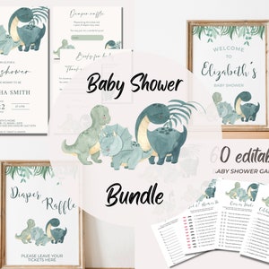Dinosaur Baby Shower Bundle - Baby Shower Invitation Boy - Diaper Raffle, welcome sign, books and baby, 60 editable baby shower games