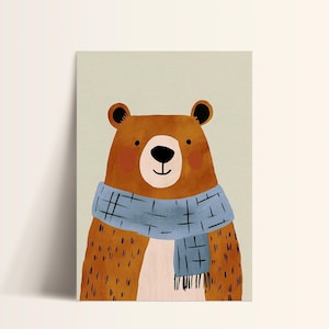 Bear with Scarf Wall Art, Animal Nursery Print, Cozy Kids Room Decor, Woodland Animal Poster, Whimsical Bear Illustration, Baby Room Art