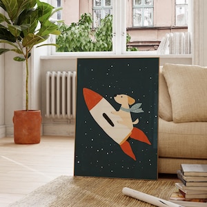 Space Dog Rocket Ship Wall Art Print, Baby Boy Nursery Decor, Astronaut Kids Room Digital Download, Modern Space Theme Print