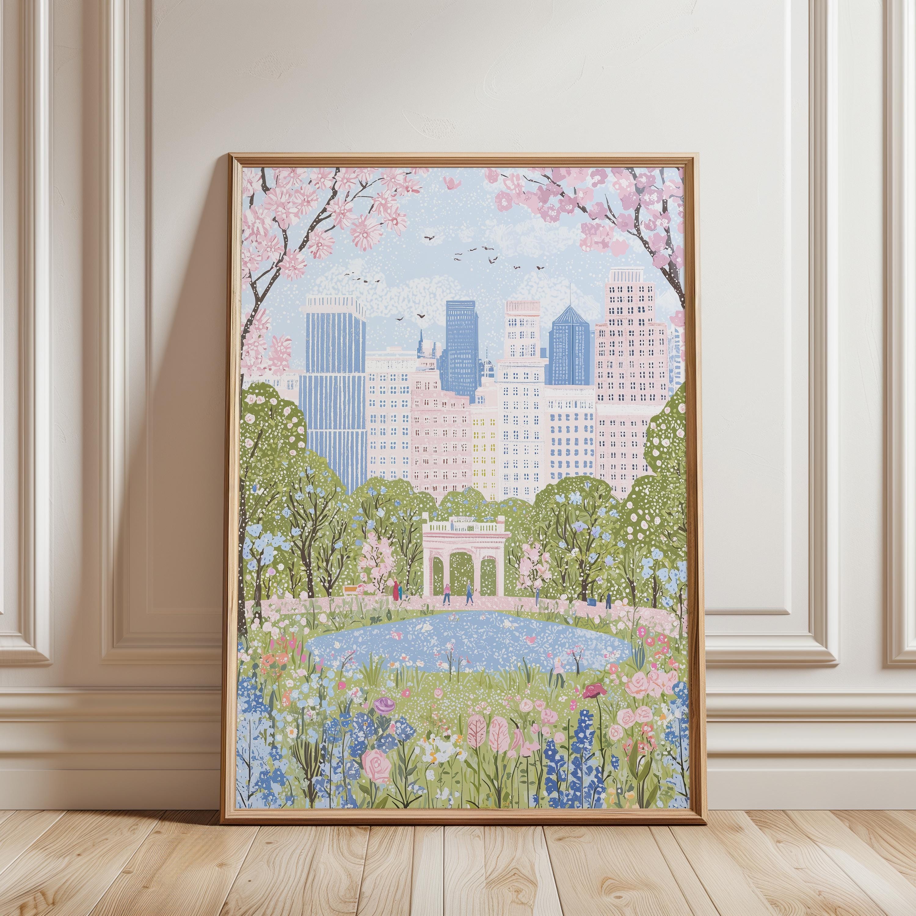 Impression d'art printanière de Central Park, téléchargement numérique de fleurs de cerisier de New York, art mural ville rose, horizon de Manhattan, paysage de jardin