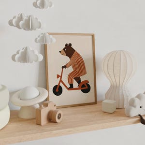 Bear Scooter Wall Art, Kids Room Decor, Nursery Animal Print, Bear in Stripes Poster, Toddler Room Wall Art, Digital Download