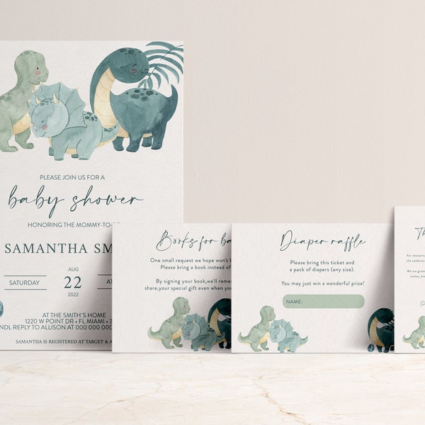 Baby Shower Invitation Bundle, Digital File,  Editable Printable Invite, Dinosaur Baby Shower Invite Pack, Diaper Raffle, Books for Baby