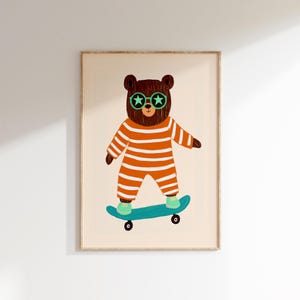 Cool Bear Skateboard Art, Kids Room Poster, Playroom Decor, Whimsical Nursery Wall Art, Animal Illustration, Digital Printable